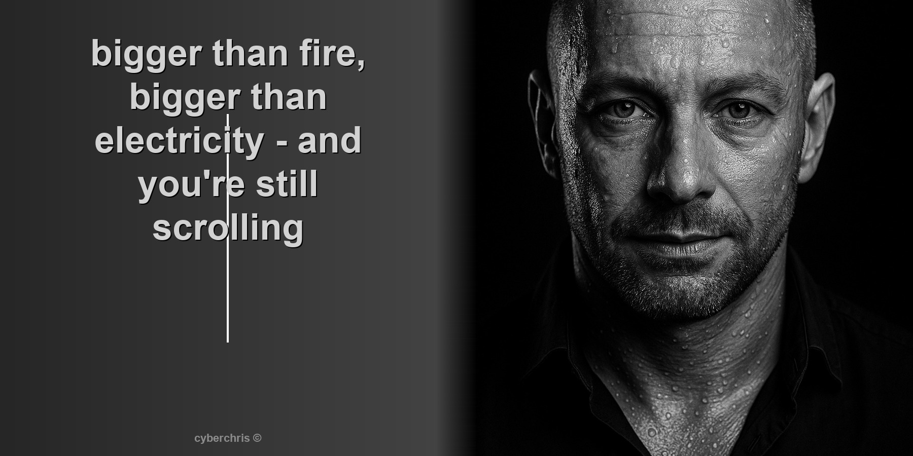 dark abstract gradient on the left, chris portrait in black and white on the right